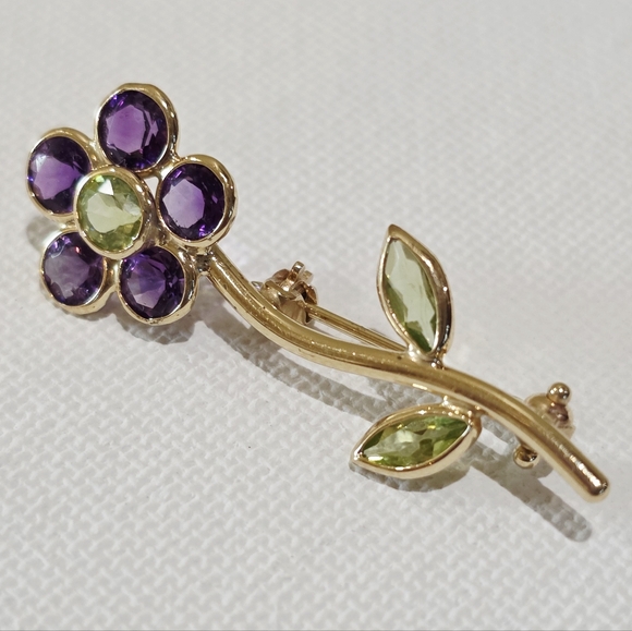 Vintage 14k Yellow Gold Purple Green Gemstones Flower Beautiful Pin Brooch 1.7 g - Picture 9 of 16